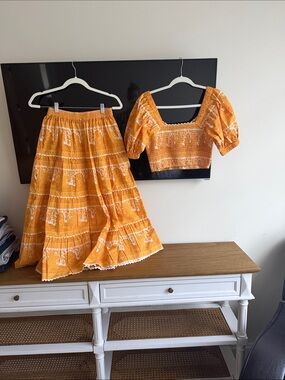 Cleobella Orange Printed Midi Skirt and Puff-Sleeve Smocked Top Set
